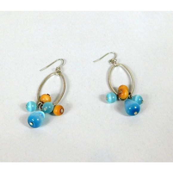 Oval Hoop Beaded Earrings Blue Brown Beads Fishhook Closure - Picture 4 of 7